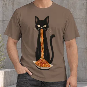 Black Cat Eating Spaghetti for Quirky Everyday Style and Casual Gift Giving All-over Print Unisex T-shirt