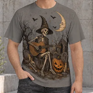 Skeleton Guitarist and Pumpkin Graveyard Scene for Halloween Nights and Autumn Fans All-over Print Unisex T-shirt