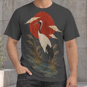 Red Sun Crane Landscape for Calm Everyday Wear and Nature Lovers All-over Print Unisex T-shirt