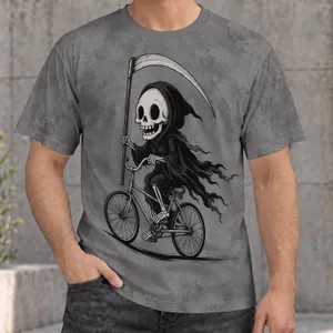 Grim Reaper Riding Bicycle for Casual Streetwear and Halloween Season Enthusiasts All-over Print Unisex T-shirt