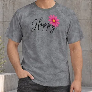 Pink Daisy and Happy Script for Cheerful Everyday Casual Style, Gifts for Flower Lovers All-over Print Unisex T-shirt