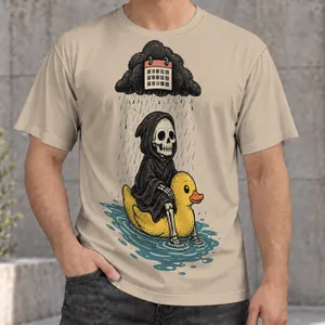 Grim Reaper Riding Rubber Duck in Rainy Day Humor for Alternative Casual Wear Fans All-over Print Unisex T-shirt