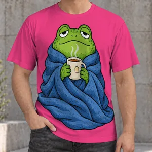 Sleepy Green Frog with Hot Tea for Cozy Relaxed Everyday Style and Nature Lovers All-over Print Unisex T-shirt