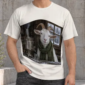 White Goat with Olive Scarf and Samovar for Cozy Winter Everyday Style All-over Print Unisex T-shirt