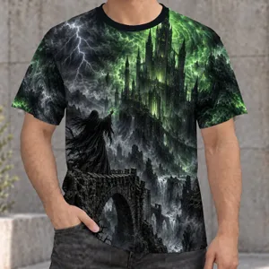 Dark Fantasy Wizard and Green Castle for Everyday Casual Wear and Fantasy Lovers All-over Print Unisex T-shirt