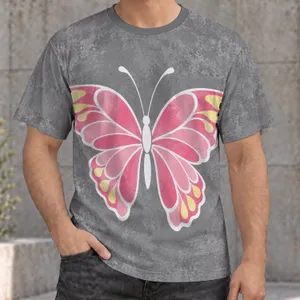 Pink Butterfly on Washed Gray for Casual Outings, Youth Style, and Everyday Wear Unisex All-over Print Unisex T-shirt