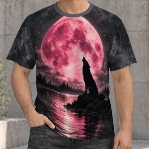 Howling Wolf and Pink Full Moon Night Scene for Outdoor Adventures and Nature Lovers All-over Print Unisex T-shirt