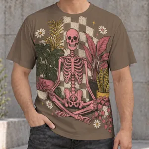 Meditating Pink Skeleton With Potted Plants For Alternative Everyday Streetwear All-over Print Unisex T-shirt