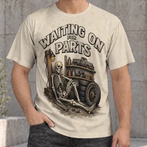 Skeleton Waiting On Parts Garage Scene for Vintage Auto Repair Fans and Mechanics All-over Print Unisex T-shirt