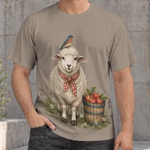 Sheep Bird and Apple Basket Country Charm for Everyday Casual Wear Adults and Teens All-over Print Unisex T-shirt