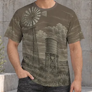 Windmill And Water Tower Countryside Scene For Everyday Outdoor Adventures All-over Print Unisex T-shirt