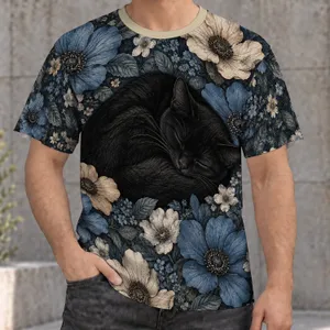 Sleeping Black Cat Among Blue and Beige Flowers for Cozy Everyday Casual Style All-over Print Unisex T-shirt
