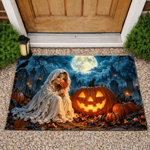 Ghost Child And Glowing Pumpkin Under a Full Moon For Whimsical Halloween Nights Doormat