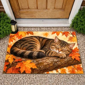 Sleeping Tabby Cat Beneath Autumn Maple Leaves for Cozy Fall Entryway Seasonal Charm Doormat