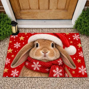 Santa Hat Bunny with Snowflakes for a Cozy Christmas Home, Holiday Animal Lovers Doormat