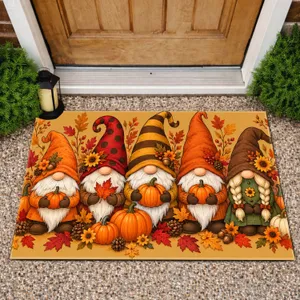 Autumn Gnome Gathering With Pumpkins And Leaves For Cozy Fall Entryway Decor Doormat