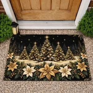 Golden Christmas Trees and Poinsettias for Elegant Holiday Season Home Decor Style Doormat