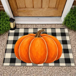Orange Pumpkin on Black Ivory Buffalo Check for Cozy Autumn Entryway Seasonal Decor Doormat