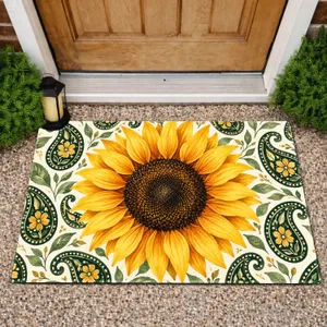 Golden Sunflower With Green Paisley Accents for Cheerful Farmhouse Entryway Style Doormat