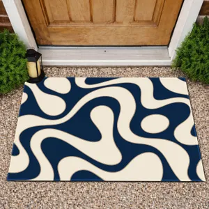 Navy Blue and Ivory Organic Curves for Calm Coastal Entryway and Modern Home Style Doormat