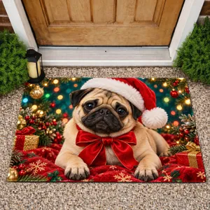 Santa Hat Pug and Festive Lights for Christmas Cheer in Cozy Homes and Pet Lovers Doormat