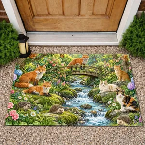 Woodland Foxes, Cats And Hedgehogs Beside A Garden Stream For Nature-Loving Homes Doormat