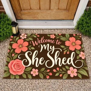 Floral She Shed Script and Rose Motifs for a Cozy Garden Retreat Welcome Doormat