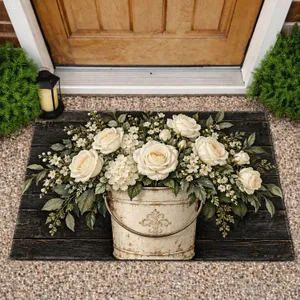 White Rose Bouquet in Vintage Iron Bucket for Farmhouse Entryway and Cottage Home Doormat