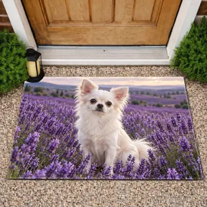 White Chihuahua in Lavender Fields for Peaceful Cottage Living and Pet Lover Homes Doormat