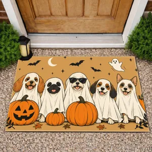 Five Costume-Wearing Dogs with Pumpkins for a Playful Halloween Home Seasonal Charm Doormat