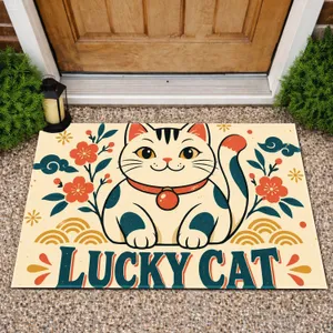 Lucky Cat Retro Charm for Good Fortune and Cheerful Entryway Style for Cat Lovers Doormat