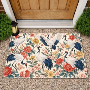 Red-Crowned Crane and Blossom Birds for Serene Nature-Inspired Home Entryway Style Doormat