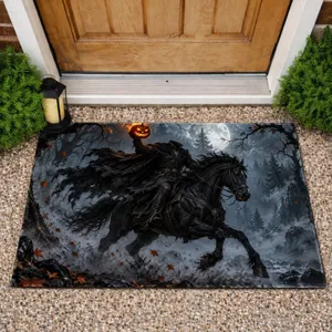 Headless Horseman and Pumpkin Flame in Moonlit Forest for Halloween Gothic Decor Doormat