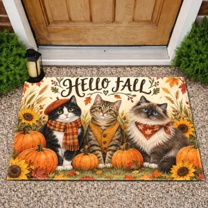 Three Autumn Cats with Pumpkins for Cozy Fall Entryway Seasonal Home Styling Doormat
