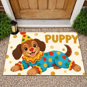 Clown Puppy in Polka-Dot Costume for Cheerful Party Celebrations and Happy Dog Lovers Doormat