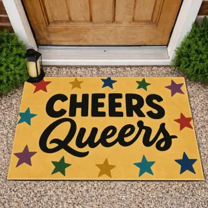 Colorful Stars and Cheers Queers Typography for LGBTQ Pride Month Home Celebrations Doormat