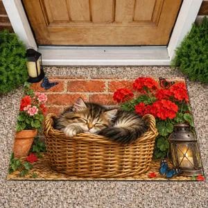Sleeping Longhaired Kitten in Woven Basket for Cozy Cat Lovers and Cottage Homes Doormat