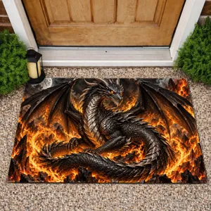 Dark Silver Dragon Beside Flames for Fantasy Home Entryway and Dragon-Loving Households Doormat