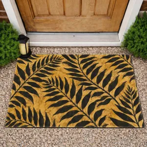 Vintage Black Fern Leaves on Golden Ochre for Earthy Nature Inspired Entryways Doormat