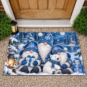 Blue Christmas Gnomes in a Snowy Evergreen Forest for Cozy Seasonal Home Decor and Cheer Doormat
