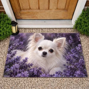 White Long-Haired Chihuahua Amid Purple Lavender Blooms for Pet-Loving Home Entryways Doormat