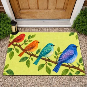 Colorful Perched Birds and Green Branch for Cheerful Nature-Inspired Home Decor Doormat