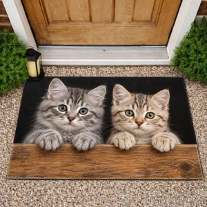 Two Tabby Kittens Peeking Over Wood for Cat Lovers and Cozy Home Entryway Style Accent Doormat