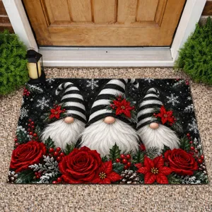 Three Christmas Gnomes with Red Roses for a Cozy Winter Holiday Entryway Welcome Doormat