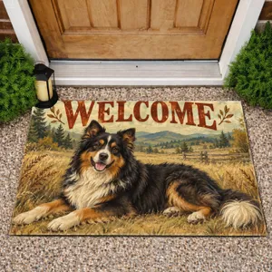 Rustic Fluffy Dog Welcome Scene for Cozy Pet-Loving Homes and Dog Owners Doormat