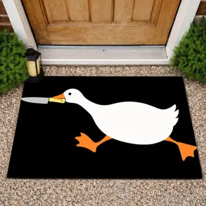 Funny White Duck Holding a Knife for Quirky Kitchen and Entryway Decor and Duck Lover Gifts Doormat