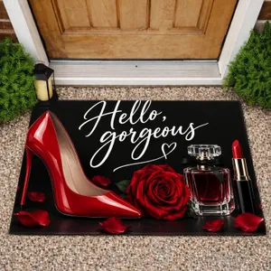 Red Stiletto, Lipstick, Perfume And Rose Glamour For Chic Beauty Lovers And Stylish Homes Doormat