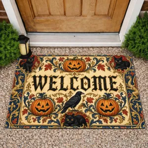 Vintage Halloween Pumpkins, Raven and Black Cats for a Welcoming Seasonal Entryway Doormat