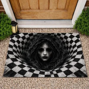 Monochrome Horror Face In Optical Checkerboard Vortex For Halloween Night Decor Doormat