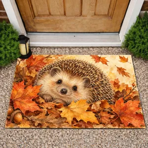 Sweet Watercolor Hedgehog Amid Autumn Leaves for Cozy Seasonal Home Living Spaces Doormat